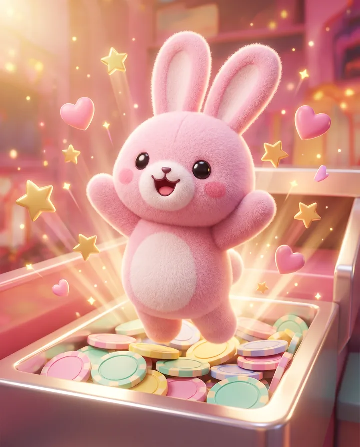 Mochi Usagi cheering as the prize drops into the tray